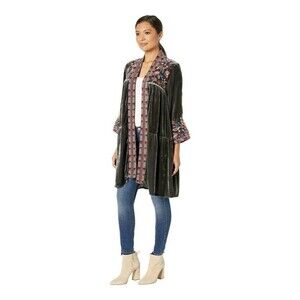 Johnny Was XS Long Black Velvet Kimono Wrap Jacket Duster Oversized Aztec